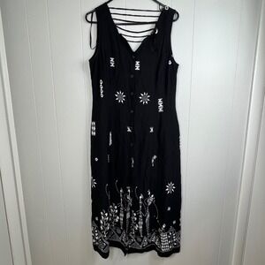 R & K Originals Petite Black Sleeveless Rayon‎ Dress Tribal Sun Midi 14P